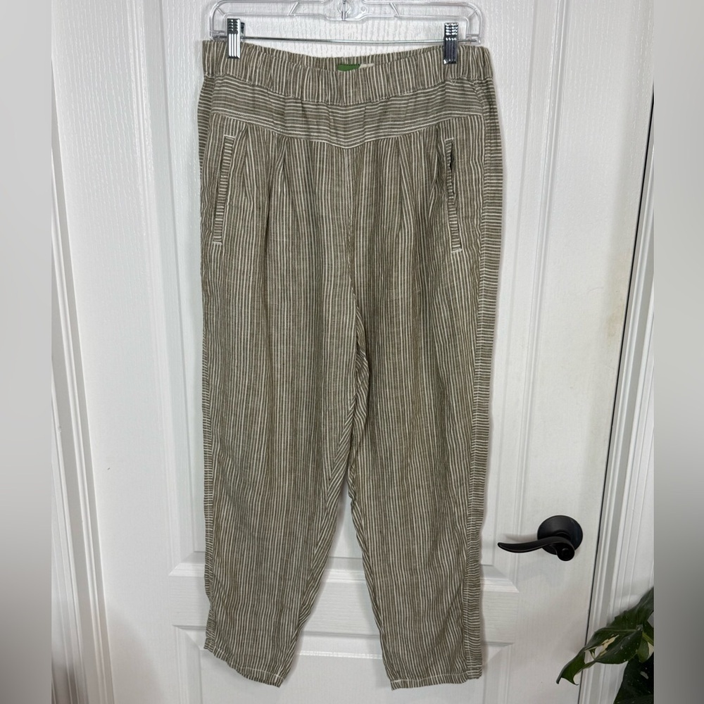 Anthropologie Linen Pull-On Pants | Olive Pinstripe | Size M